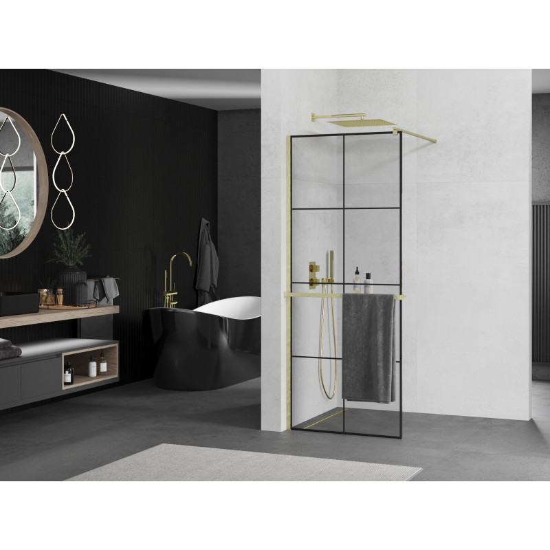 Mexen Kioto+ dušinurk riiuliga Walk-in 90 x 200 cm, must ruudustus, kuldne harjatud - 800-090-121-55-77