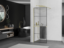 Mexen Kioto+ pannello doccia con mensola Walk-in 90 x 200 cm, griglia nera, oro spazzolato - 800-090-121-55-77