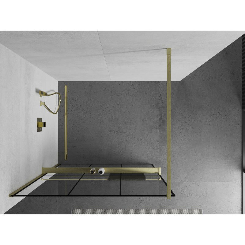 Mexen Kioto+ mampara de ducha con estante Walk-in 110 x 200 cm, rejilla negra, dorado cepillado - 800-110-121-55-77
