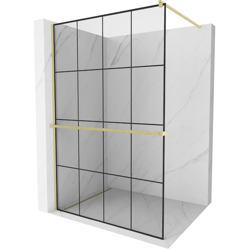 Mexen Kioto+ paroi de douche avec étagère Walk-in 130 x 200 cm, grille noire, doré brossé - 800-130-121-55-77