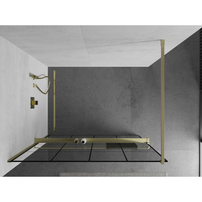 Mexen Kioto+ πινακίδα ντους με ράφι Walk-in 130 x 200 cm, μαύρο καρό, χρυσό