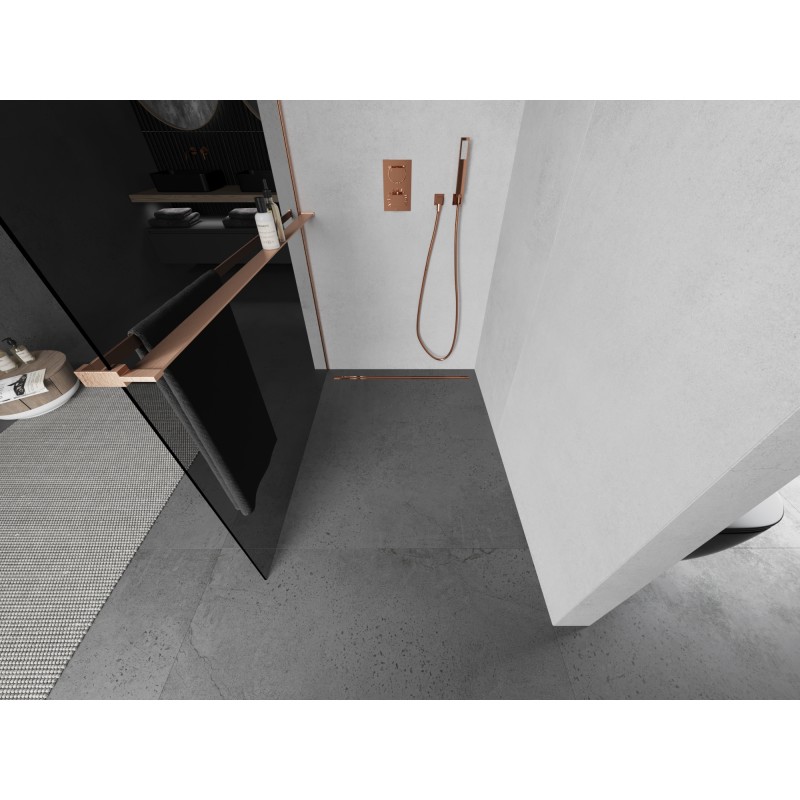 Mexen Kioto+ ścianka prysznicowa z półką Walk-in 70 x 200 cm, grafit, miedź szczotkowana - 800-070-121-65-40