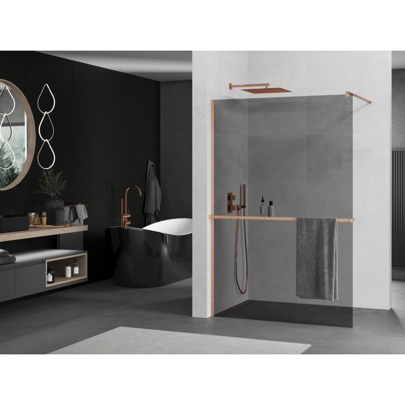 Mexen Kioto+ ścianka prysznicowa z półką Walk-in 80 x 200 cm, grafit, miedź szczotkowana - 800-080-121-65-40