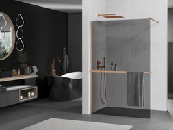 Mexen Kioto+ staklena pregrada za tuš s policom Walk-in 90 x 200 cm, grafit, brušeni bakar - 800-090-121-65-40