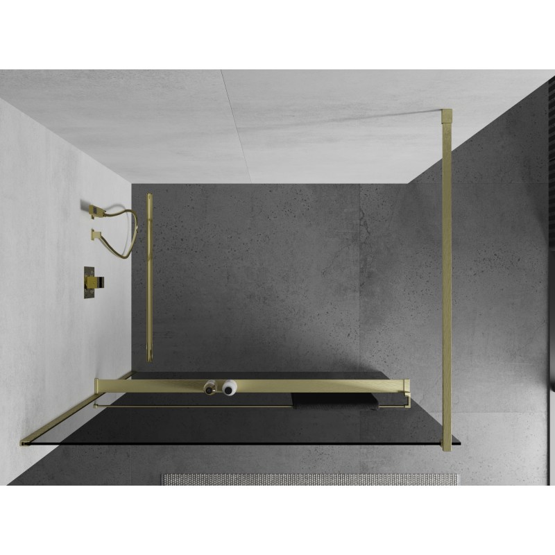 Mexen Kioto+ ścianka prysznicowa z półką Walk-in 100 x 200 cm, grafit, złota szczotkowana - 800-100-121-55-40