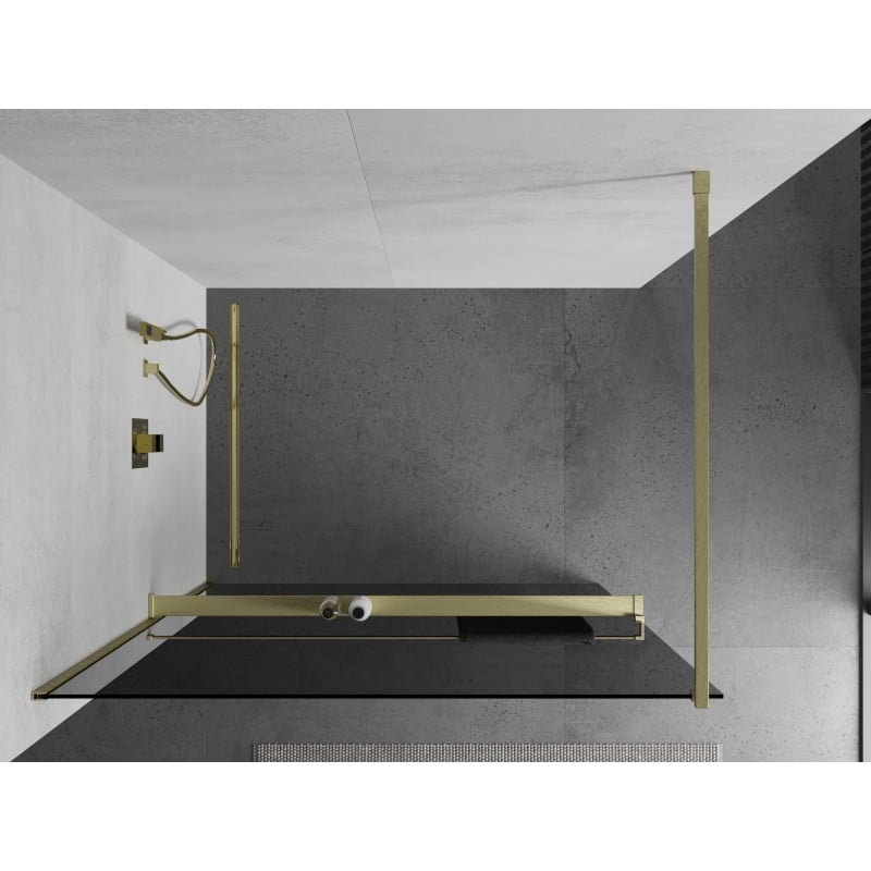 Mexen Kioto+ ścianka prysznicowa z półką Walk-in 140 x 200 cm, grafit, złota szczotkowana - 800-140-121-55-40