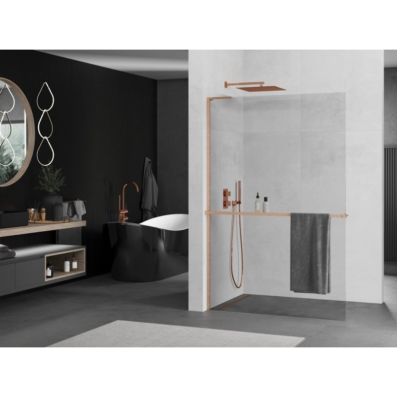 Mexen Kioto+ L dušisein riiuliga Walk-in 95 x 200 cm, läbipaistev, harjatud vask - 800-095-123-65-00