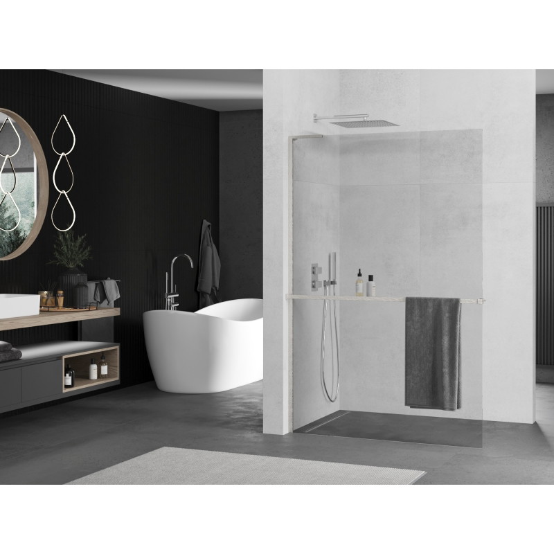 Mexen Kioto+ L dušisein riiuliga Walk-in 85 x 200 cm, läbipaistev, harjatud nikkel - 800-085-123-97-00