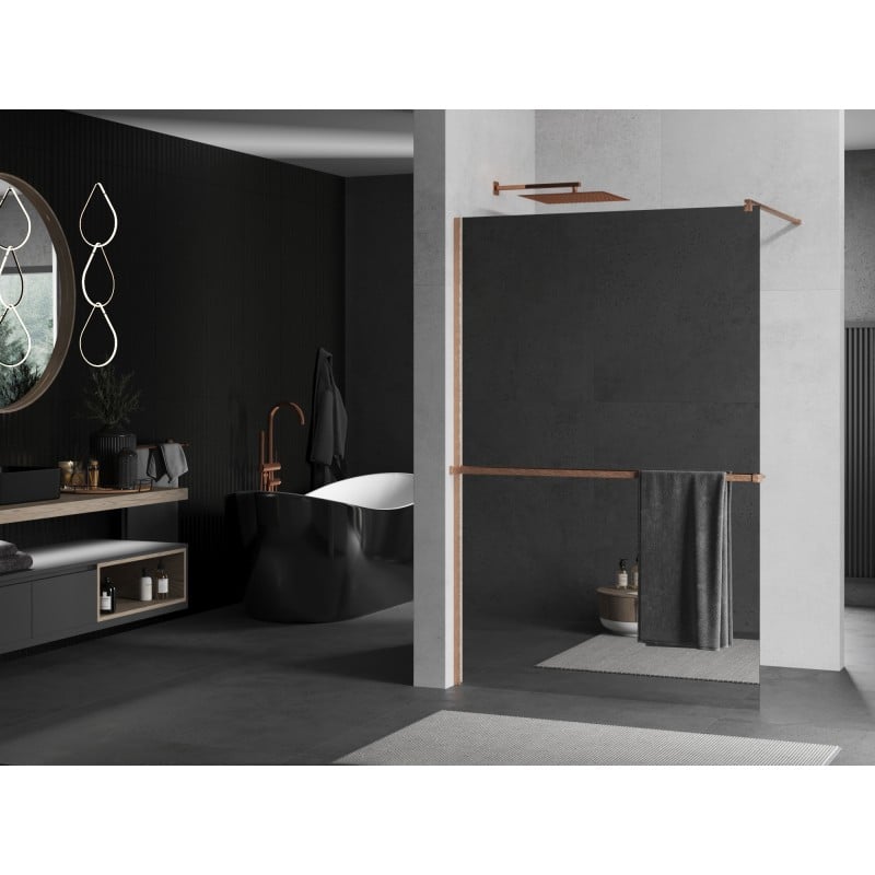 Mexen Kioto+ ścianka prysznicowa z półką Walk-in 90 x 200 cm, lustro, miedź szczotkowana - 800-090-121-65-50