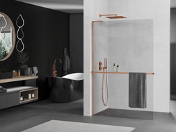 Mexen Kioto+ L Tuš pregrada s policom Walk-in 65 x 200 cm, prozirna, ružičasto zlato - 800-065-123-60-00