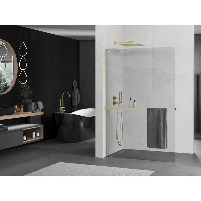 Mexen Kioto+ L Shower Wall with Shelf Walk-in 110 x 200 cm, Transparent, Gold - 800-110-123-50-00