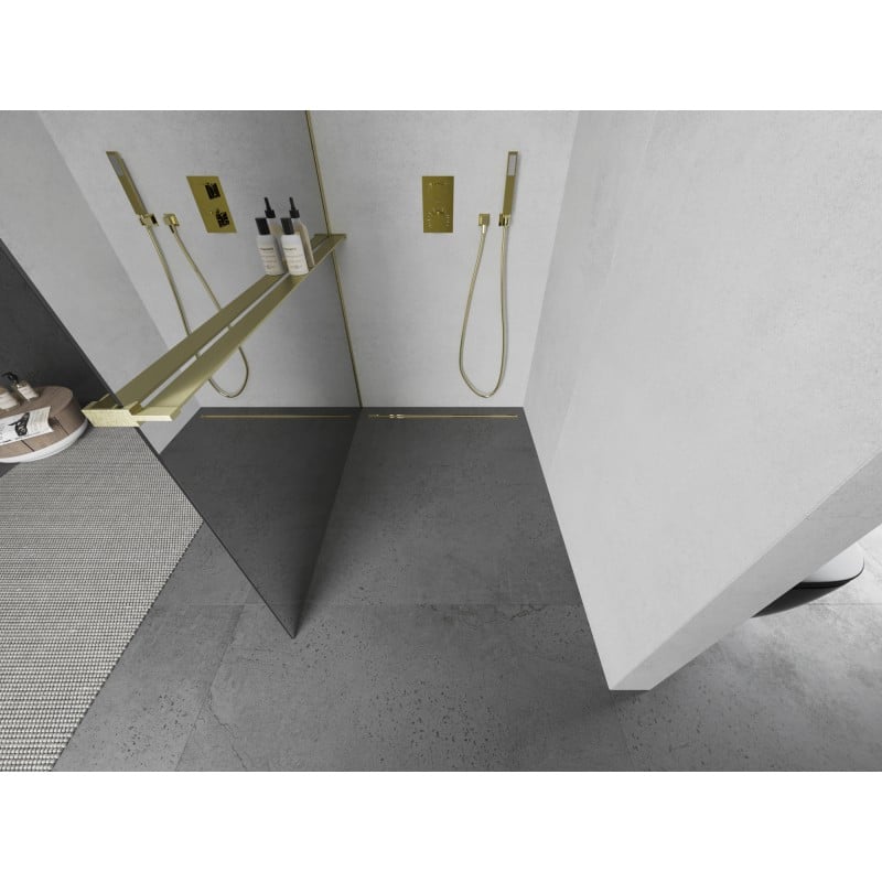 Mexen Kioto+ paroi de douche avec étagère Walk-in 140 x 200 cm, miroir, or brossé - 800-140-121-55-50