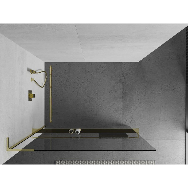 Mexen Kioto+ L parede de duche com prateleira Walk-in 100 x 200 cm, transparente, dourada - 800-100-123-50-00