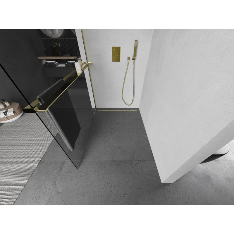 Mexen Kioto+ L dušisein riiuliga Walk-in 85 x 200 cm, läbipaistev, kuldne - 800-085-123-50-00