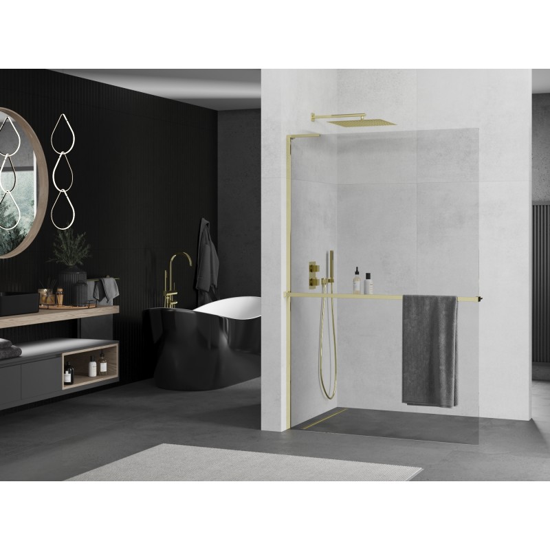 Mexen Kioto+ L ścianka prysznicowa z półką Walk-in 50 x 200 cm, transparent, złota - 800-050-123-50-00