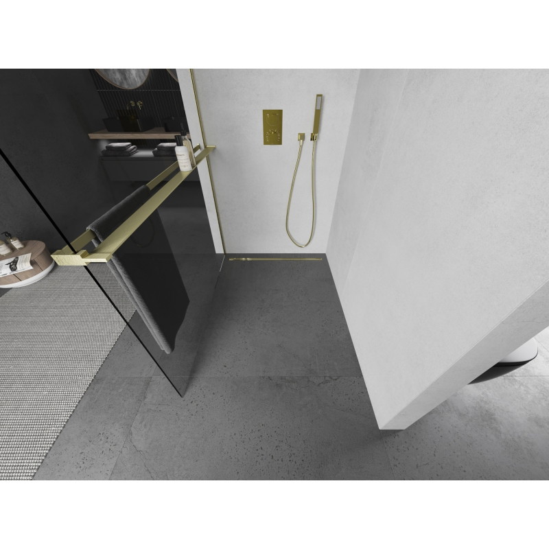 Mexen Kioto+ L dušisein riiuliga Walk-in 70 x 200 cm, läbipaistev, kuldne harjatud - 800-070-123-55-00
