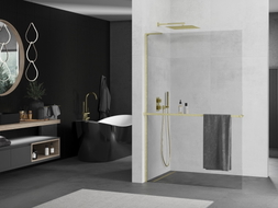 Mexen Kioto+ L tuš pregrada s policom Walk-in 80 x 200 cm, prozirna, zlatna brušena - 800-080-123-55-00