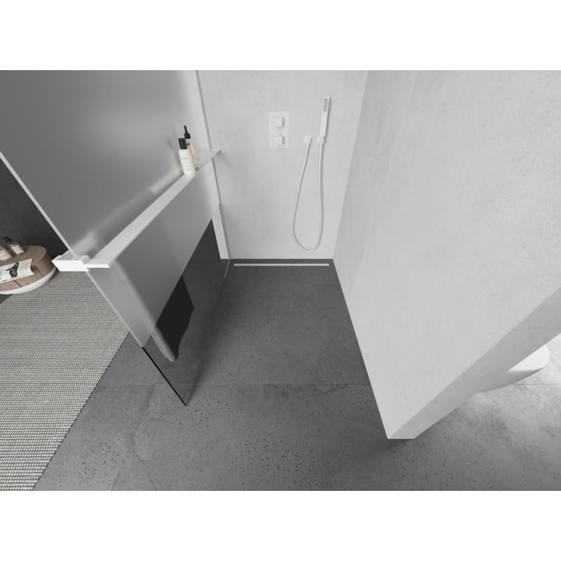 Mexen Kioto+ L panel de ducha con estante Walk-in 110 x 200 cm, transparente/escarchado, blanco - 800-110-123-20-35