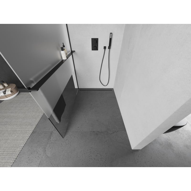 Mexen Kioto+ L parede de duche com prateleira Walk-in 90 x 200 cm, transparente/frost, preto - 800-090-123-70-35