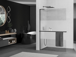 Mexen Kioto+ L zidna tuš pregrada s policom Walk-in 90 x 200 cm, prozirno/ledeno, crna - 800-090-123-70-35