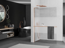 Mexen Kioto+ L Duschwand mit Ablage Walk-in 120 x 200 cm, transparent/frost, gebürstetes Kupfer - 800-120-123-65-35