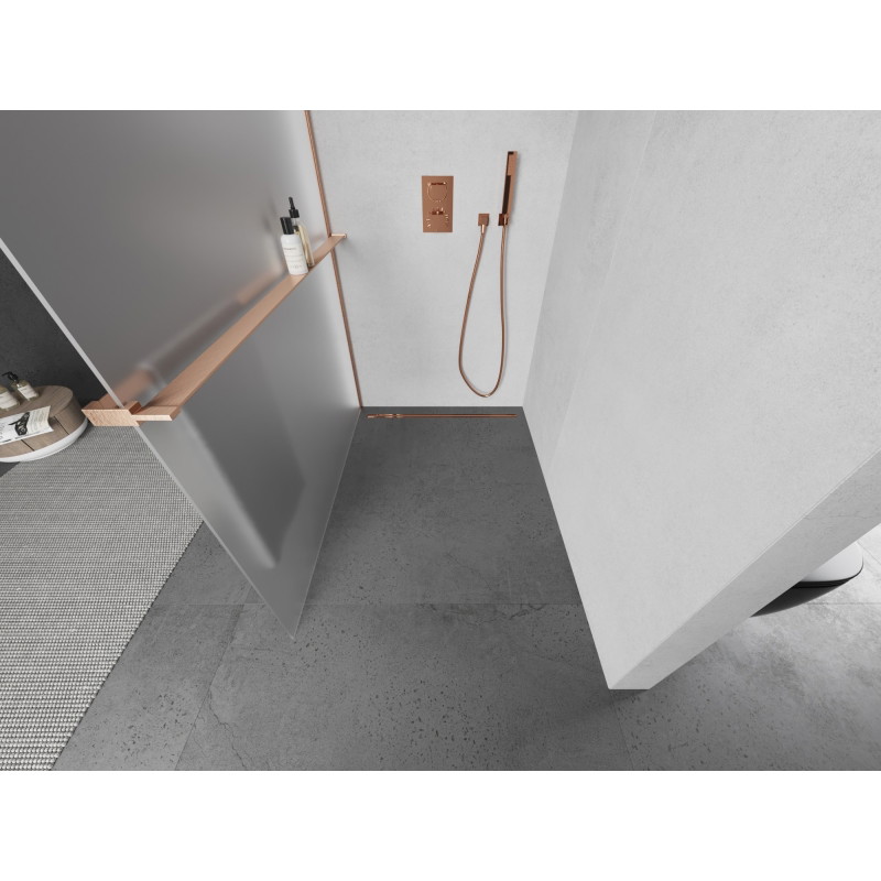 Mexen Kioto+ L stijenka za tuš s policom Walk-in 70 x 200 cm, mraz, brušeni bakar - 800-070-123-65-30