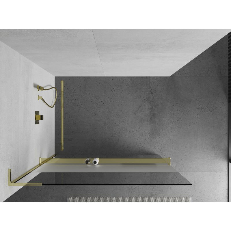 Mexen Kioto+ L parede de duche com prateleira Walk-in 100 x 200 cm, transparente/fosca, dourada - 800-100-123-50-35