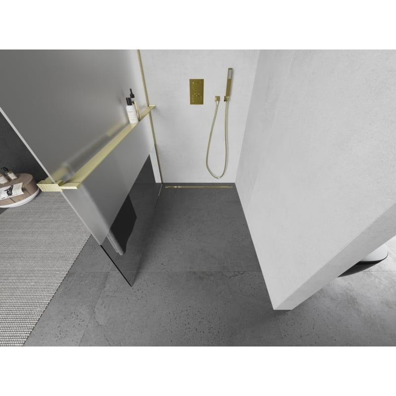 Mexen Kioto+ L dušisein riiuliga Walk-in 100 x 200 cm, läbipaistev/matistatud, harjatud kuldne - 800-100-123-55-35