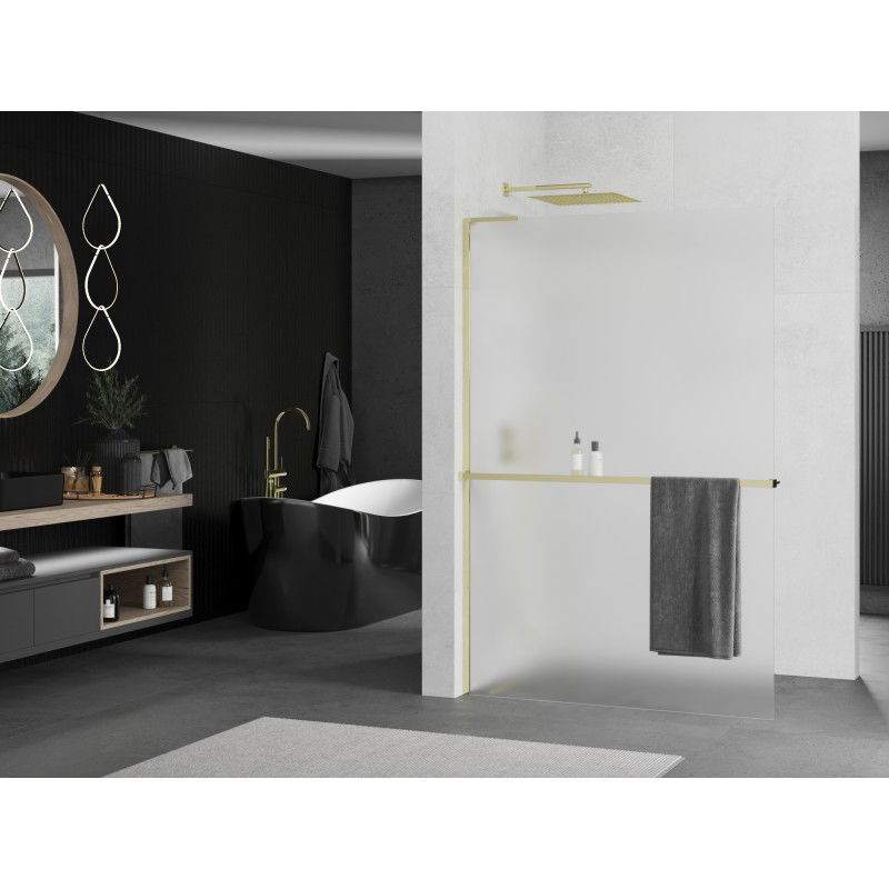 Mexen Kioto+ L Duschwand mit Regal Walk-in 100 x 200 cm, matt, gold - 800-100-123-50-30