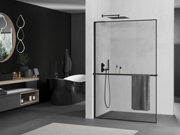 Mexen Kioto+ L Duschwand mit Ablage Walk-in 100 x 200 cm, schwarzer Rahmen, schwarz - 800-100-123-70-70