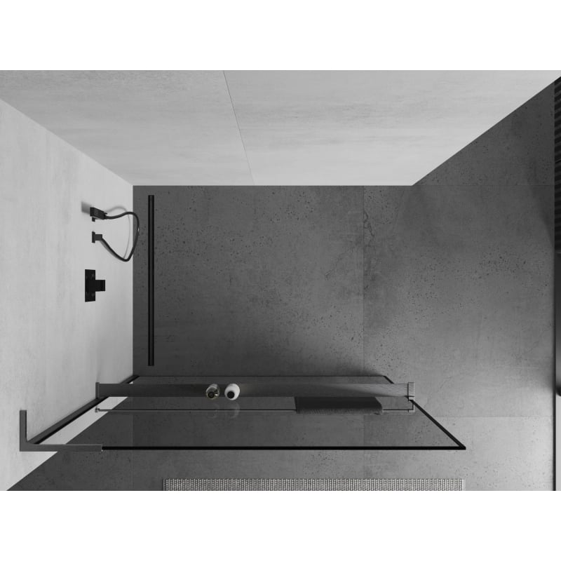 Mexen Kioto+ L ścianka prysznicowa z półką Walk-in 70 x 200 cm, czarna ramka, gun gray szczotkowany - 800-070-123-66-70