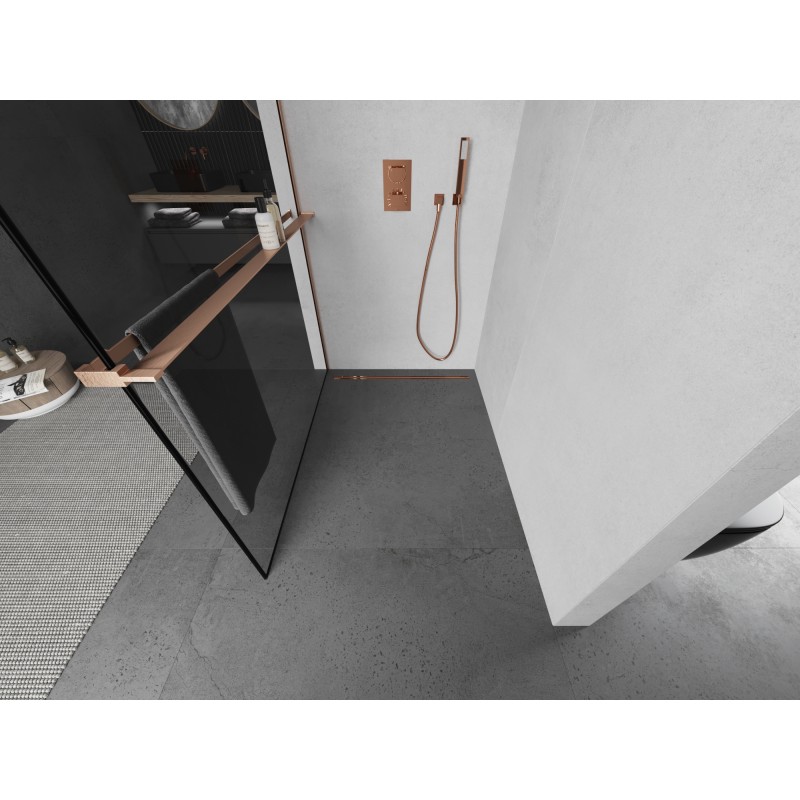 Mexen Kioto+ L ścianka prysznicowa z półką Walk-in 70 x 200 cm, czarna ramka, miedź szczotkowana - 800-070-123-65-70