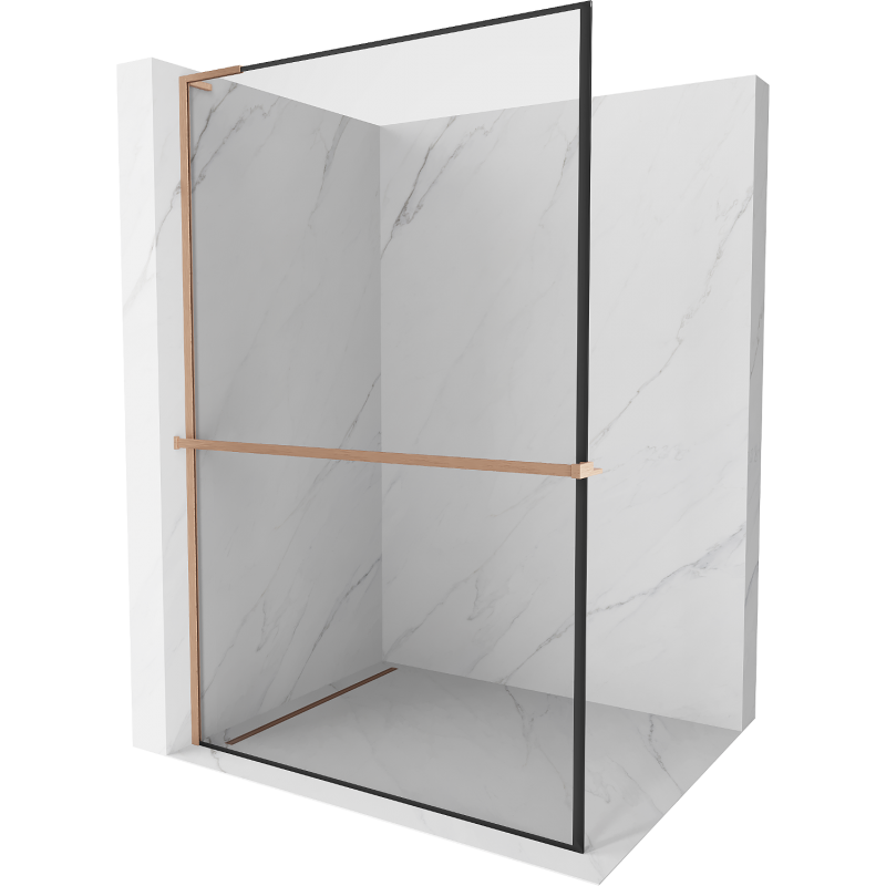 Mexen Kioto+ L suihkuseinä hyllyllä Walk-in 90 x 200 cm, musta kehys, harjattu kupari - 800-090-123-65-70