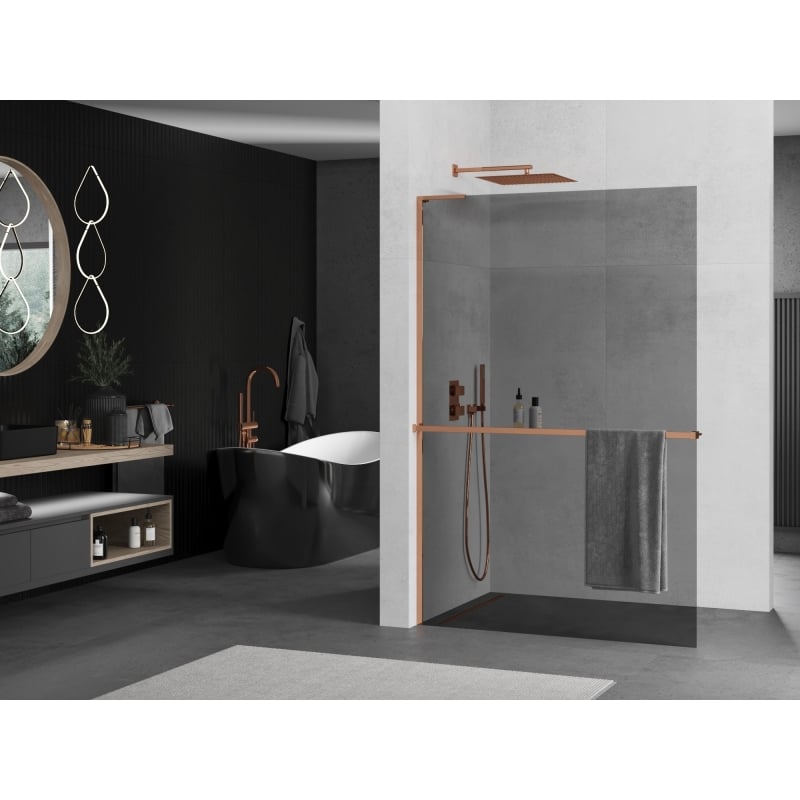 Mexen Kioto+ L ścianka prysznicowa z półką Walk-in 90 x 200 cm, grafit, różowe złoto - 800-090-123-60-40