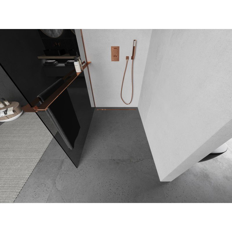 Mexen Kioto+ L panel de ducha con estante Walk-in 120 x 200 cm, grafito, oro rosa - 800-120-123-60-40