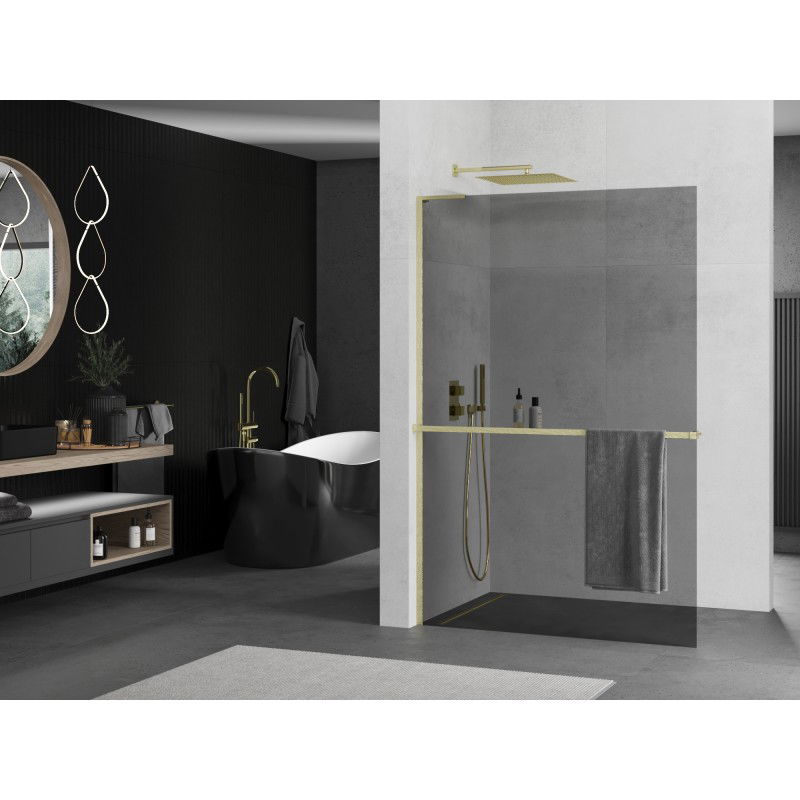 Mexen Kioto+ L Duschwand mit Regal Walk-in 70 x 200 cm, Grafit, gold gebürstet - 800-070-123-55-40