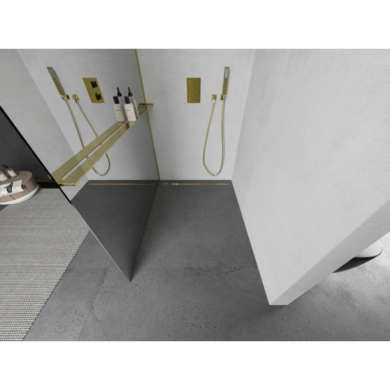 Mexen Kioto+ L abitacolo doccia con mensola Walk-in 100 x 200 cm, specchio, oro - 800-100-123-50-50