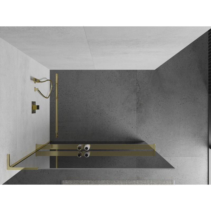 Mexen Kioto+ L parede de duche com prateleira Walk-in 100 x 200 cm, espelho, dourada - 800-100-123-50-50