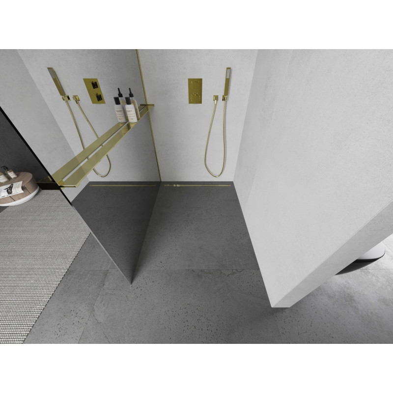 Mexen Kioto+ L Stijena za tuš s policom Walk-in 120 x 200 cm, ogledalo, zlato - 800-120-123-50-50