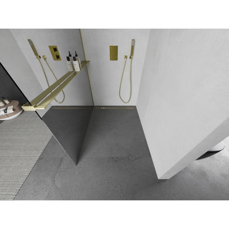 Mexen Kioto+ L paroi de douche avec étagère Walk-in 120 x 200 cm, miroir, or brossé - 800-120-123-55-50