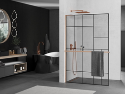 Mexen Kioto+ L Duschwand mit Ablage Walk-in 100 x 200 cm, schwarzes Muster, gebürstetes Kupfer - 800-100-123-65-78