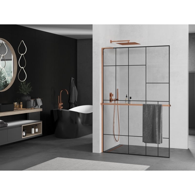 Mexen Kioto+ L ścianka prysznicowa z półką Walk-in 100 x 200 cm, czarny wzór, różowe złoto - 800-100-123-60-78