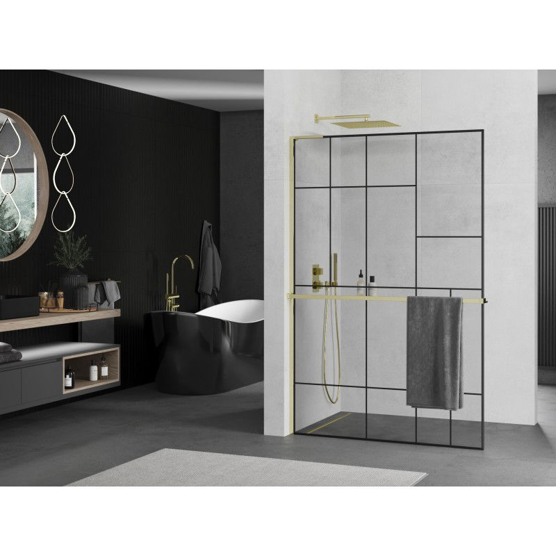 Mexen Kioto+ L pannello doccia con mensola Walk-in 120 x 200 cm, motivo nero, oro - 800-120-123-50-78