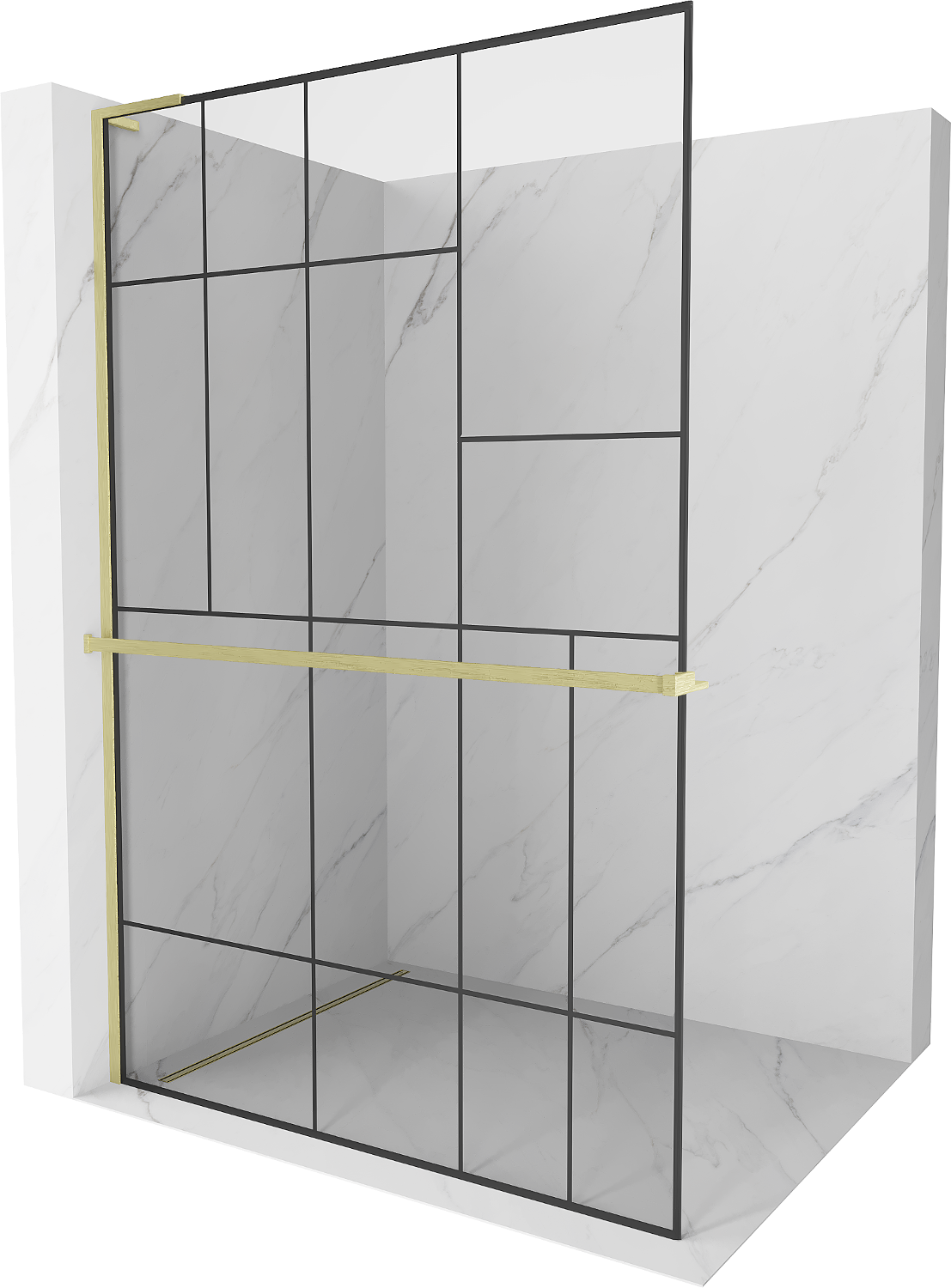 Mexen Kioto+ L ścianka prysznicowa z półką Walk-in 70 x 200 cm, czarny wzór, złota szczotkowana - 800-070-123-55-78