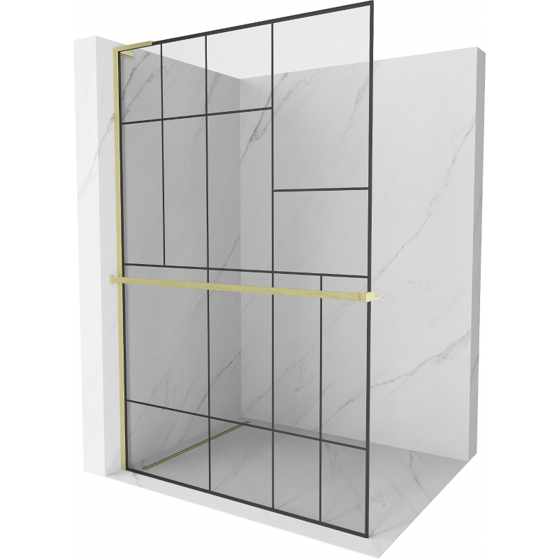 Mexen Kioto+ L Duschwand mit Walk-in Regal 90 x 200 cm, schwarzes Muster, gold eloxiert - 800-090-123-55-78