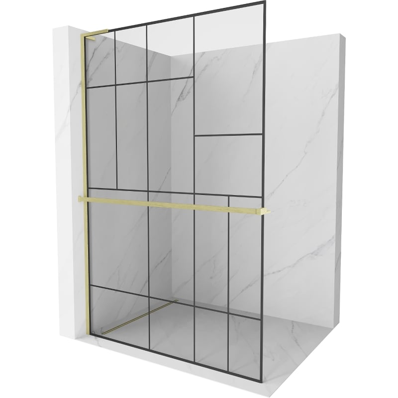 Mexen Kioto+ L ścianka prysznicowa z półką Walk-in 100 x 200 cm, czarny wzór, złota szczotkowana - 800-100-123-55-78