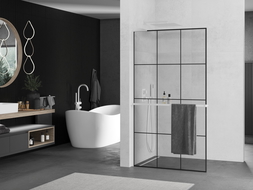 Mexen Kioto+ L Duschwand mit Ablage Walk-in 110 x 200 cm, schwarzes Gitter, weiß - 800-110-123-20-77