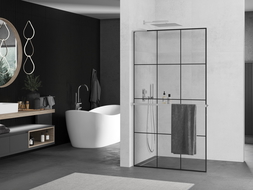 Mexen Kioto+ L Duschwand mit Ablage Walk-in 110 x 200 cm, schwarzes Gitter, Chrom - 800-110-123-01-77