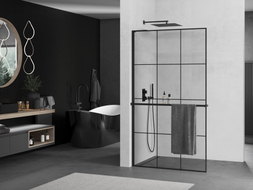 Mexen Kioto+ L zid za tuš s policom walk-in 100 x 200 cm, crna rešetka, crna - 800-100-123-70-77