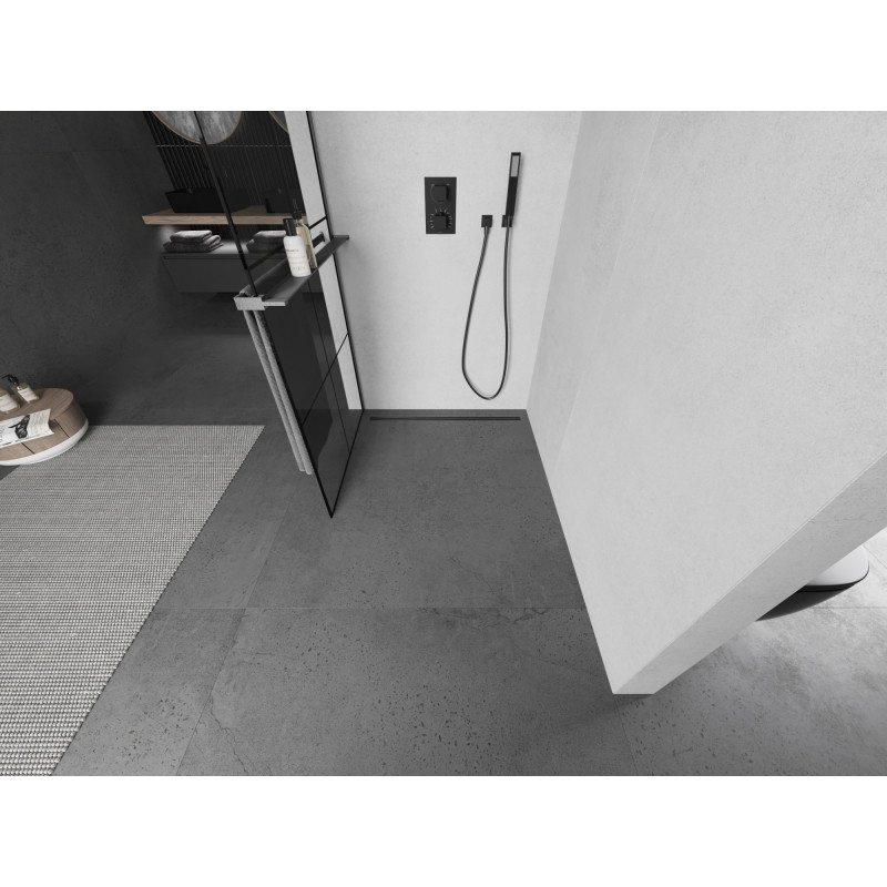 Mexen Kioto+ L zidna pregrada za tuš s policom Walk-in 80 x 200 cm, crna mrežica, četkani gun gray - 800-080-123-66-77